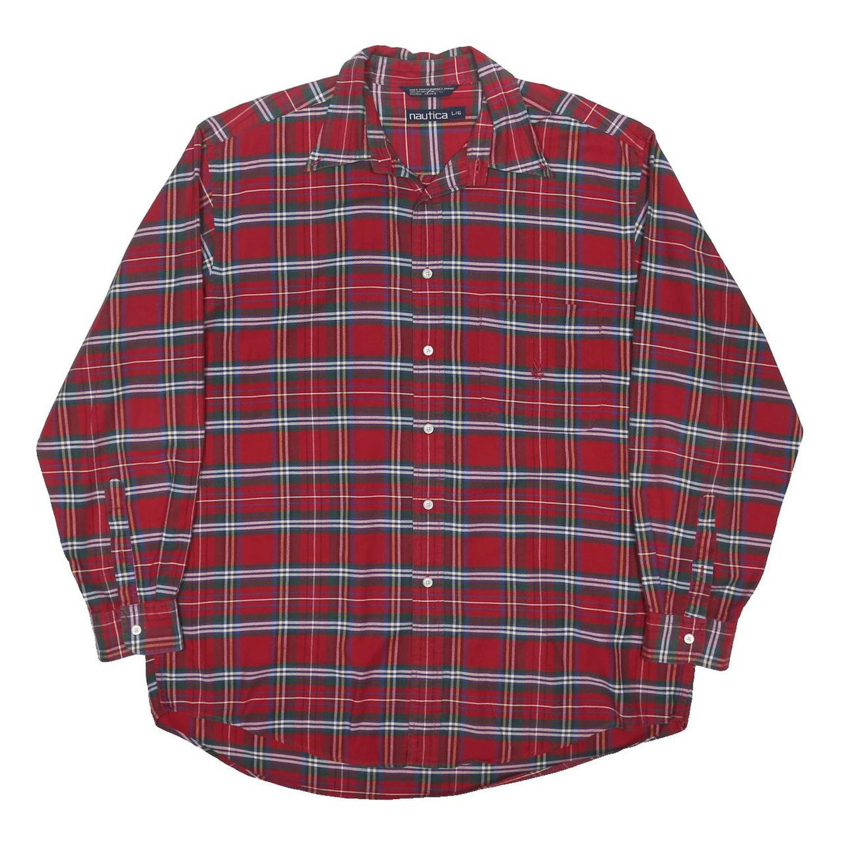NAUTICA Mens Red Plaid Shirt L Cotton Blend Classic Button Down Casual