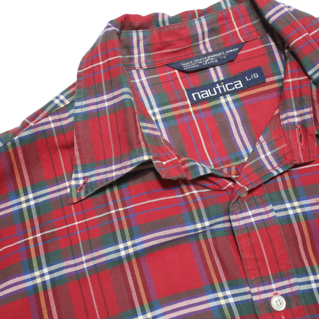 NAUTICA Mens Red Plaid Shirt L Cotton Blend Classic Button Down Casual