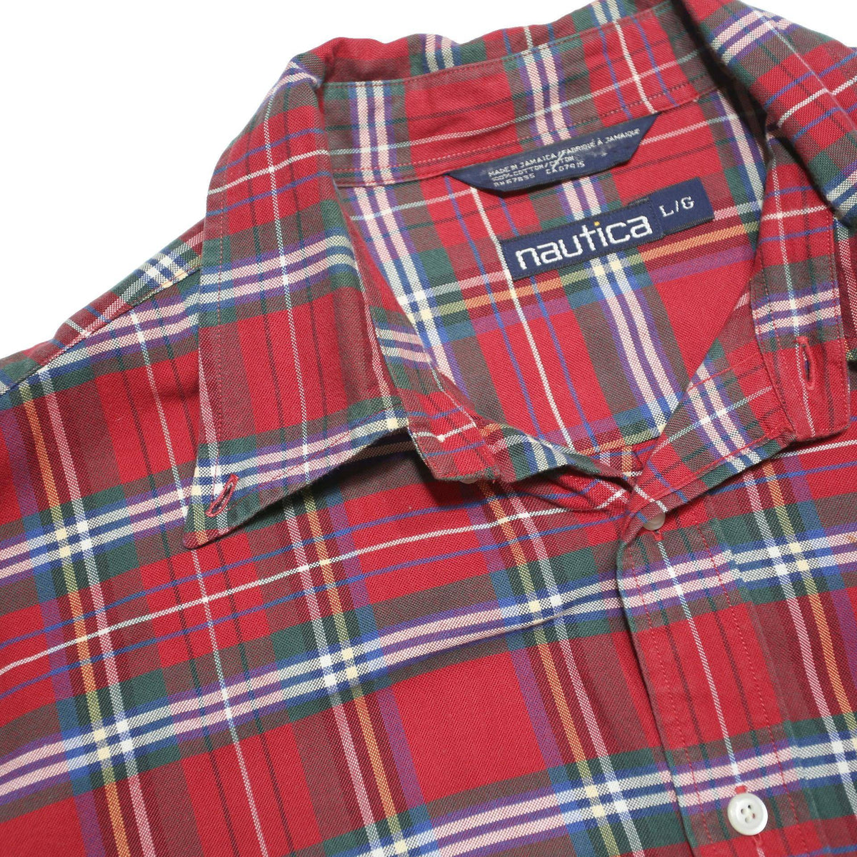 NAUTICA Mens Red Plaid Shirt L Cotton Blend Classic Button Down Casual