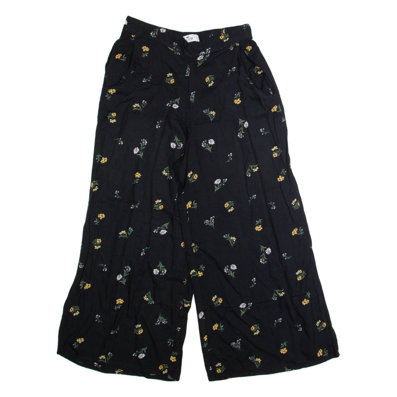 HOLLISTER Floral Womens Trousers Black Regular Wide-Leg W24 L22