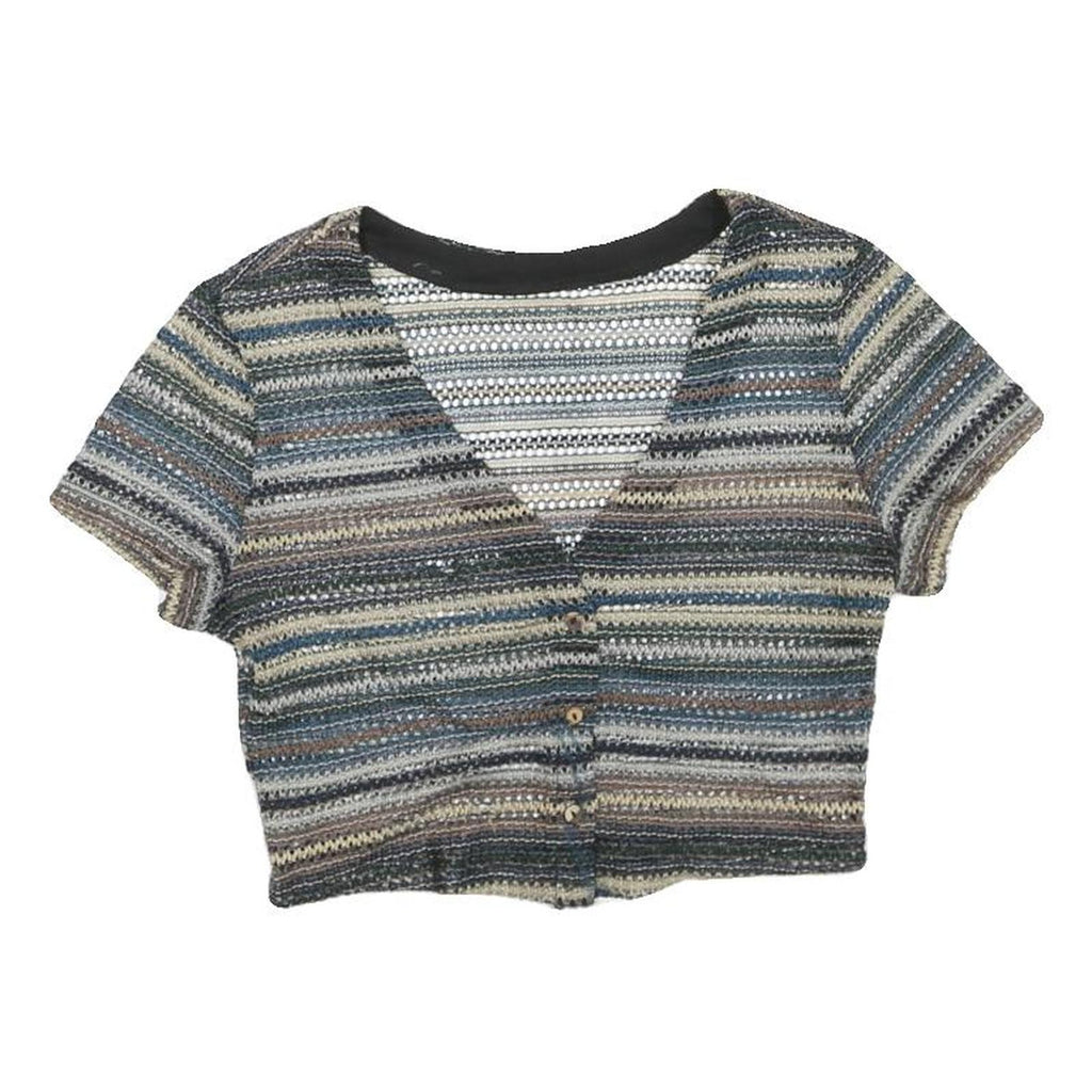 Womens Blue Beige Striped Cropped Top Short Sleeve V-Neck Button M Patterned