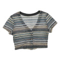 Womens Blue Beige Striped Cropped Top Short Sleeve V-Neck Button M Patterned