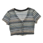 Womens Blue Beige Striped Cropped Top Short Sleeve V-Neck Button M Patterned