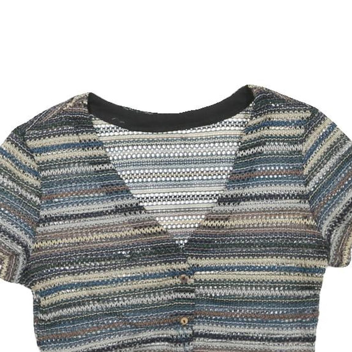 Womens Blue Beige Striped Cropped Top Short Sleeve V-Neck Button M Patterned