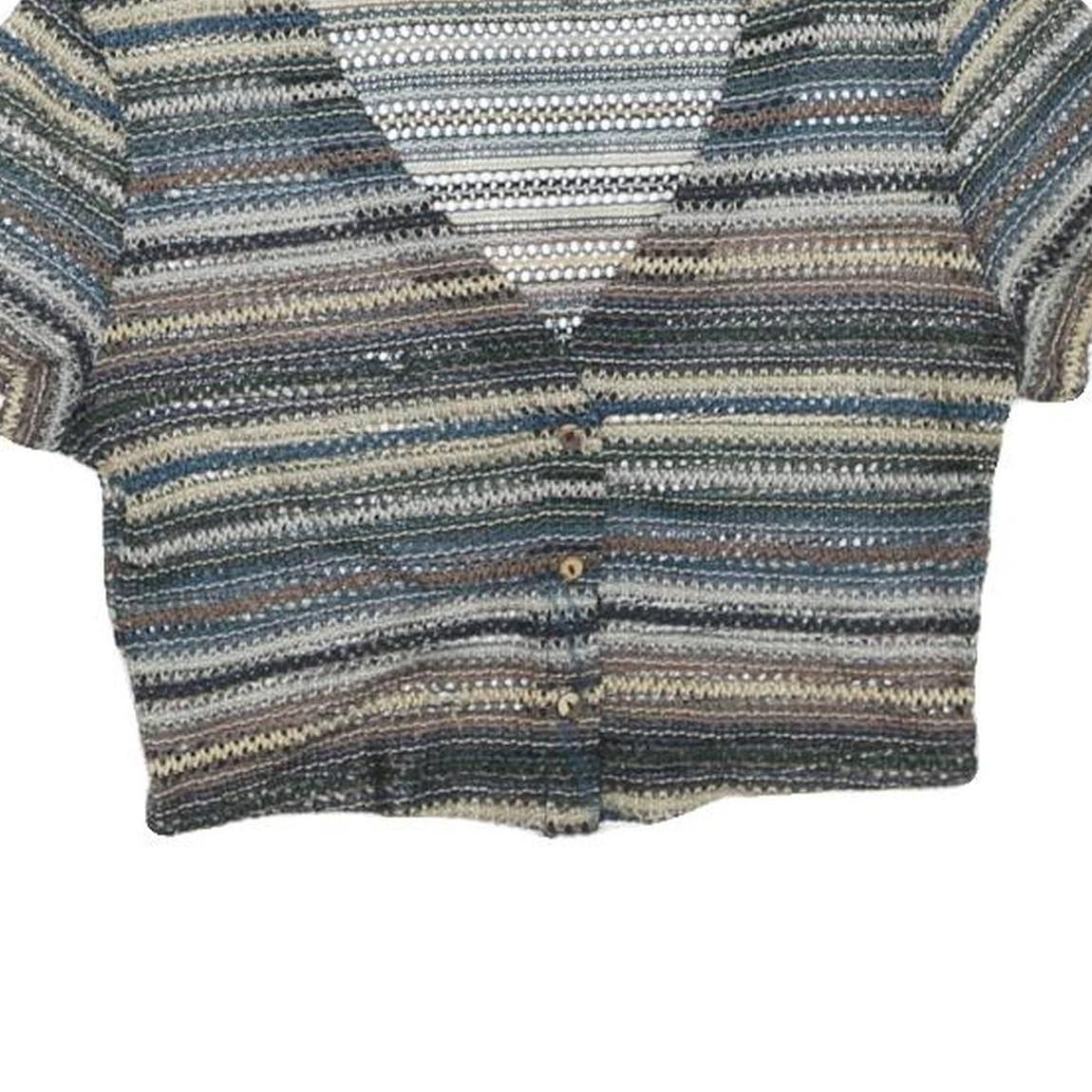 Womens Blue Beige Striped Cropped Top Short Sleeve V-Neck Button M Patterned