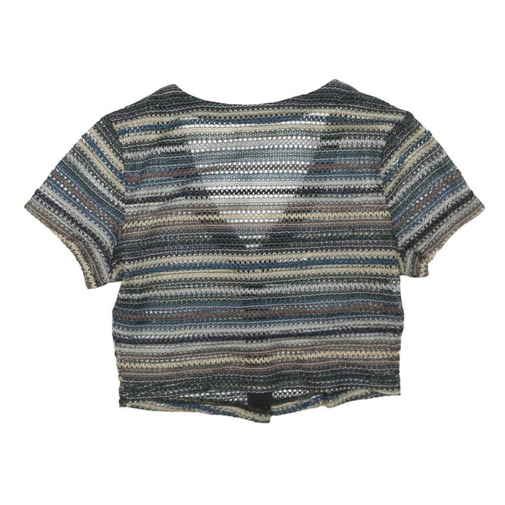 Womens Blue Beige Striped Cropped Top Short Sleeve V-Neck Button M Patterned