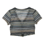 Womens Blue Beige Striped Cropped Top Short Sleeve V-Neck Button M Patterned