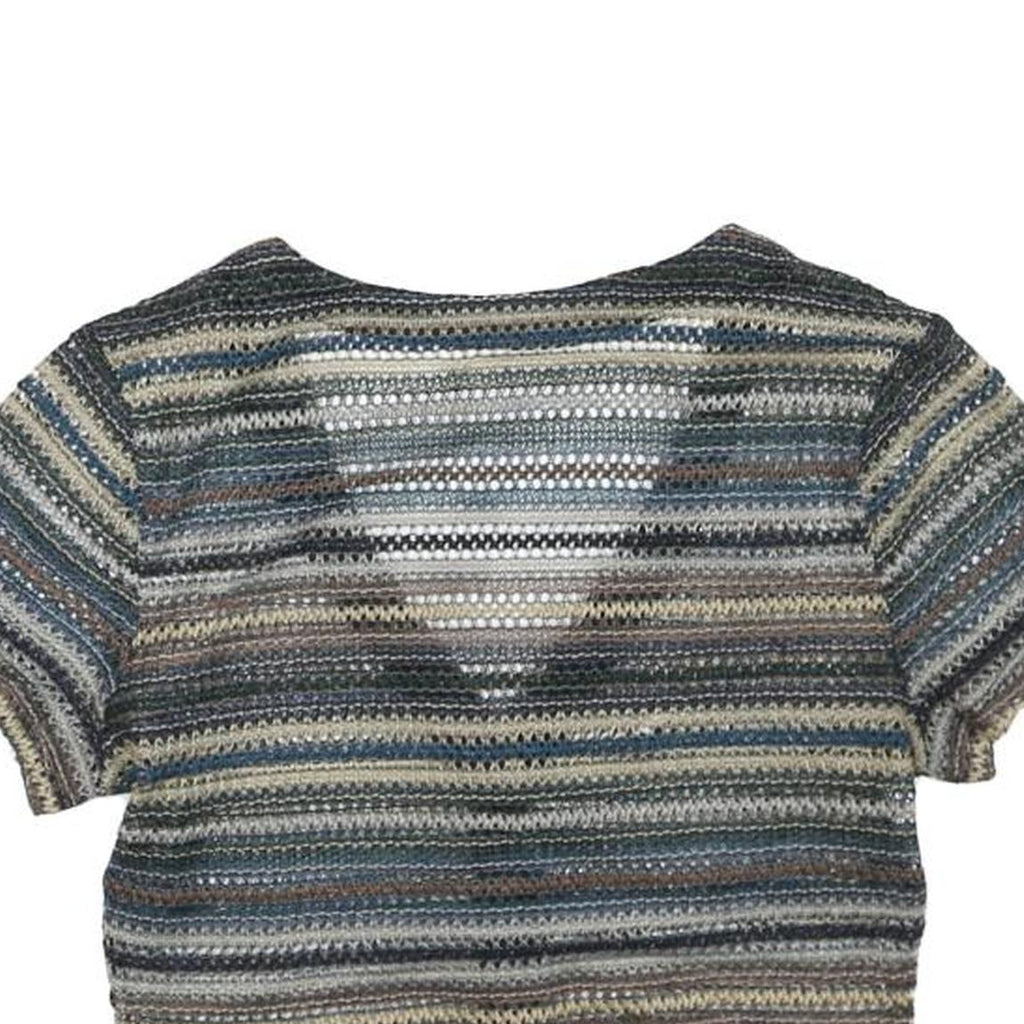 Womens Blue Beige Striped Cropped Top Short Sleeve V-Neck Button M Patterned