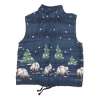 Womens Blue Polyester Blend Fleece Sleeveless Zip Front Bear & Trees Print Vest