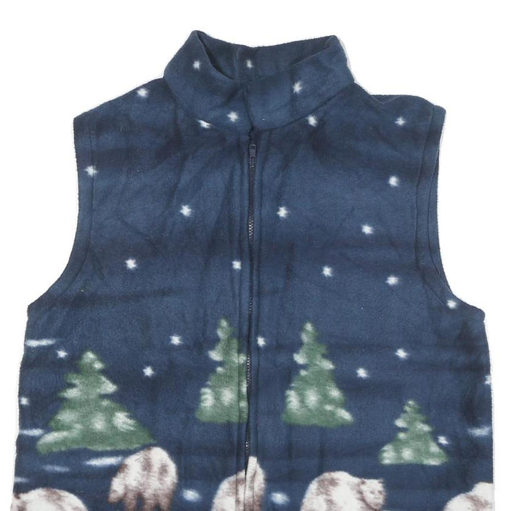 Womens Blue Polyester Blend Fleece Sleeveless Zip Front Bear & Trees Print Vest