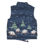 Womens Blue Polyester Blend Fleece Sleeveless Zip Front Bear & Trees Print Vest