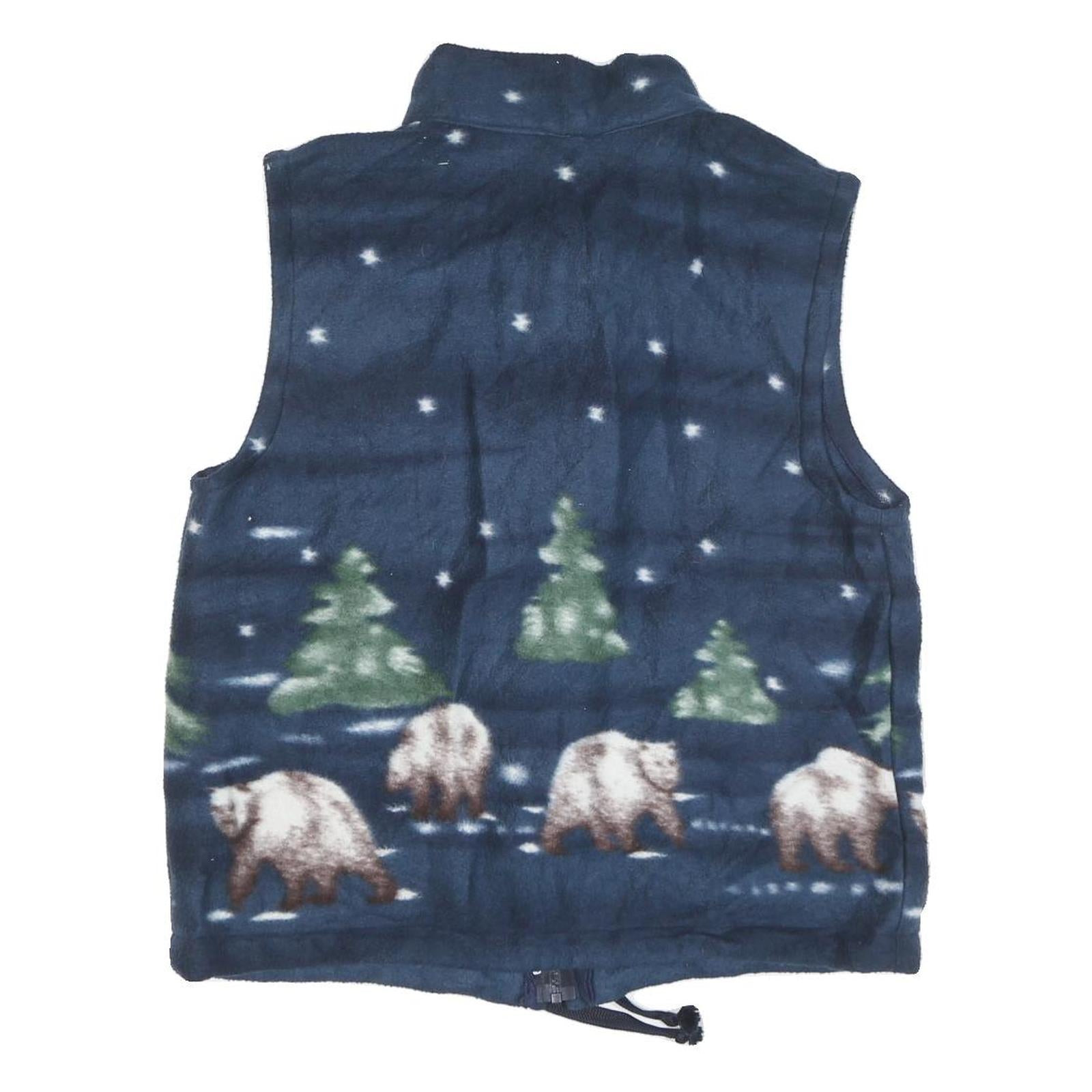 Womens Blue Polyester Blend Fleece Sleeveless Zip Front Bear & Trees Print Vest