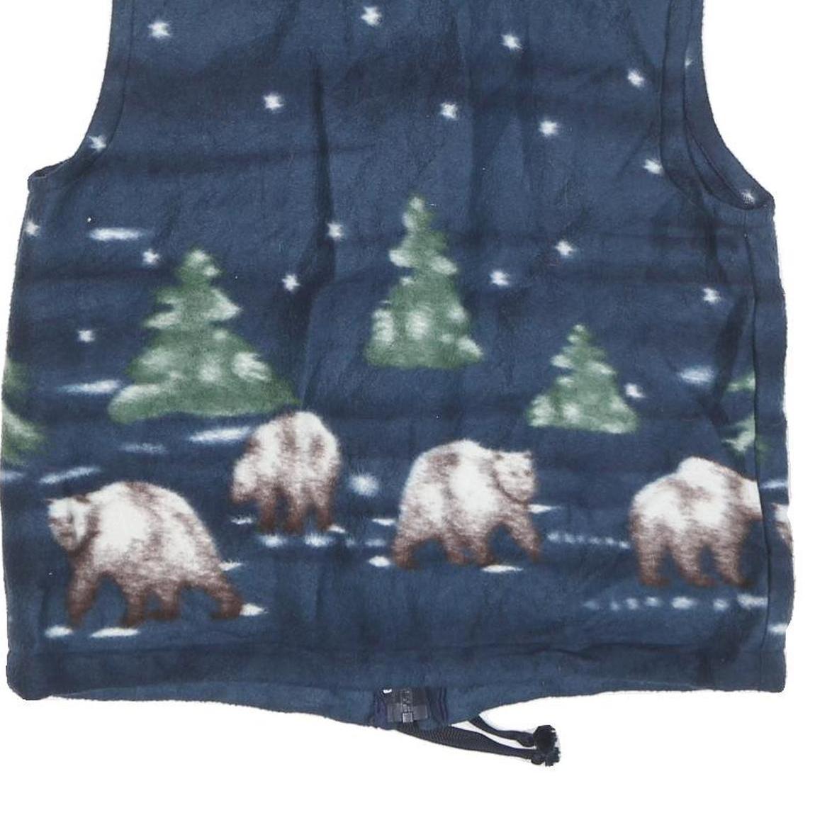 Womens Blue Polyester Blend Fleece Sleeveless Zip Front Bear & Trees Print Vest