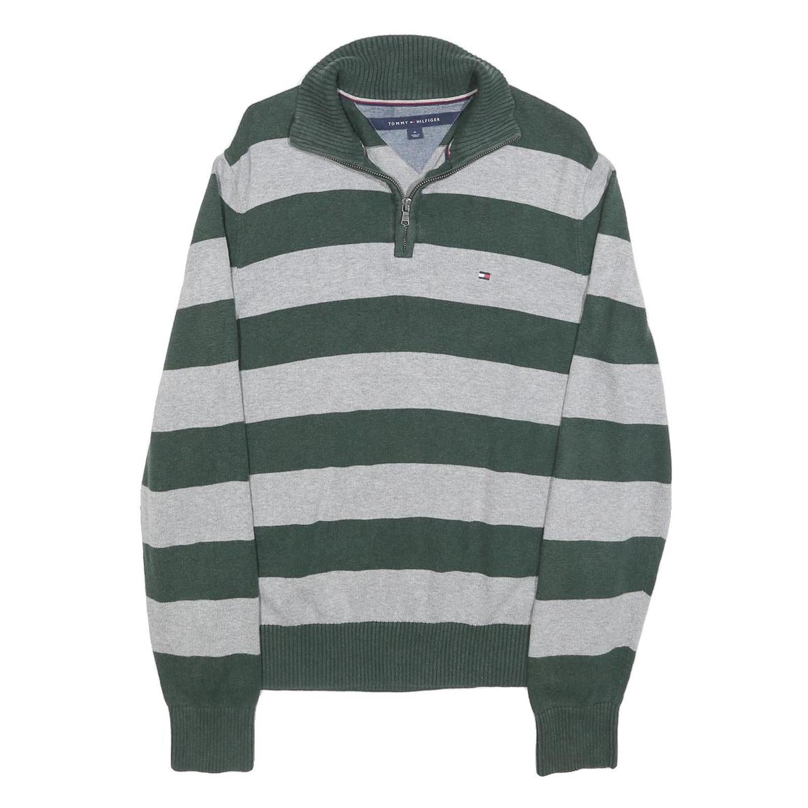 TOMMY HILFIGER Mens Green & Grey Patterned Jumper 1/4 Zip Crew Neck Cotton M