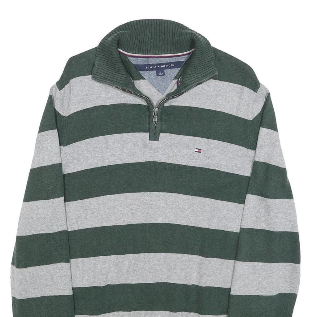 TOMMY HILFIGER Mens Green & Grey Patterned Jumper 1/4 Zip Crew Neck Cotton M