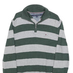 TOMMY HILFIGER Mens Green & Grey Patterned Jumper 1/4 Zip Crew Neck Cotton M