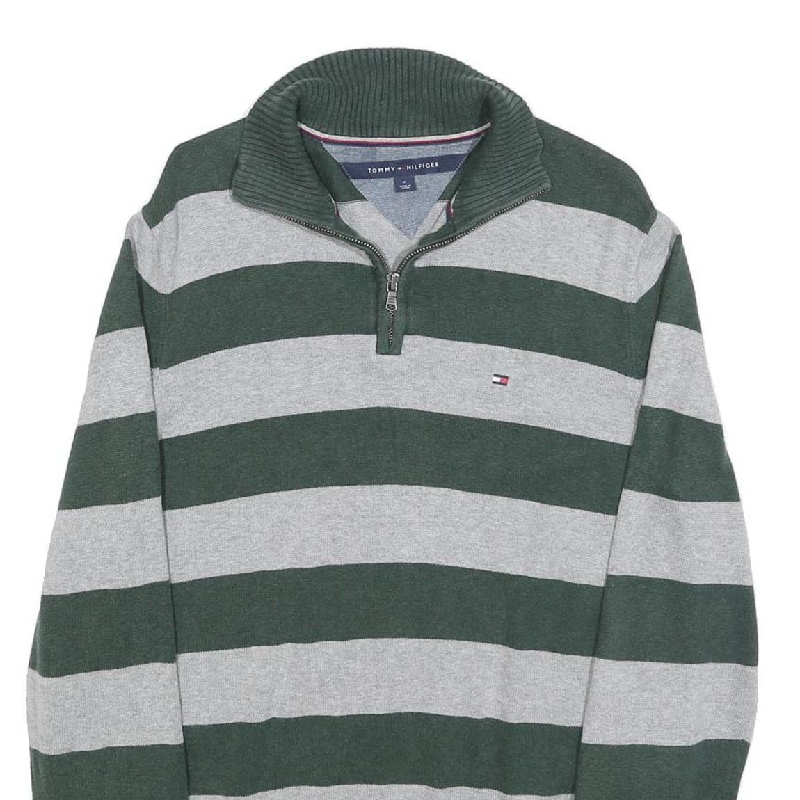 TOMMY HILFIGER Mens Green & Grey Patterned Jumper 1/4 Zip Crew Neck Cotton M