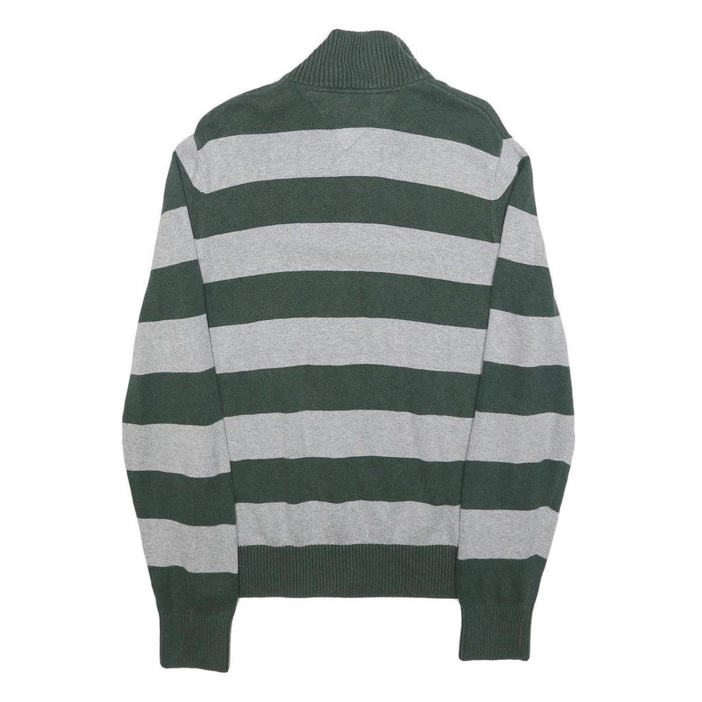 TOMMY HILFIGER Mens Green & Grey Patterned Jumper 1/4 Zip Crew Neck Cotton M