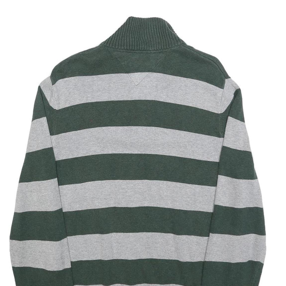 TOMMY HILFIGER Mens Green & Grey Patterned Jumper 1/4 Zip Crew Neck Cotton M