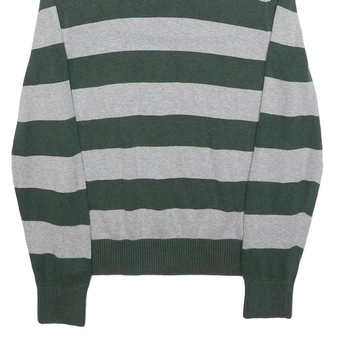 TOMMY HILFIGER Mens Green & Grey Patterned Jumper 1/4 Zip Crew Neck Cotton M