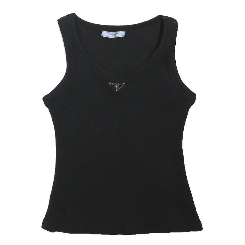 PRADA Girls Black Cotton Vest T-Shirt L Sleeveless Crew Neck Designer Logo