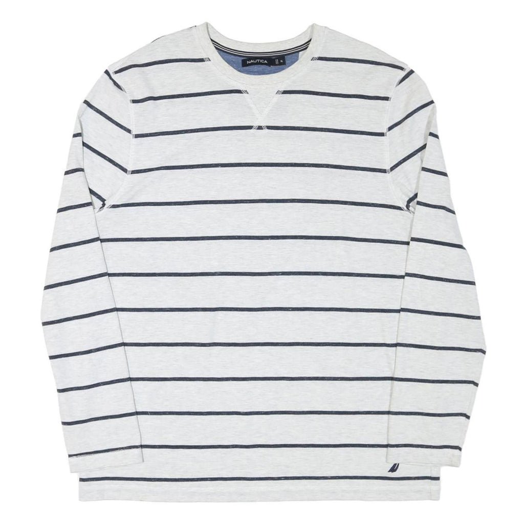 NAUTICA Mens White & Navy Striped Long Sleeve Crew Neck T-Shirt XL Casual Cotton