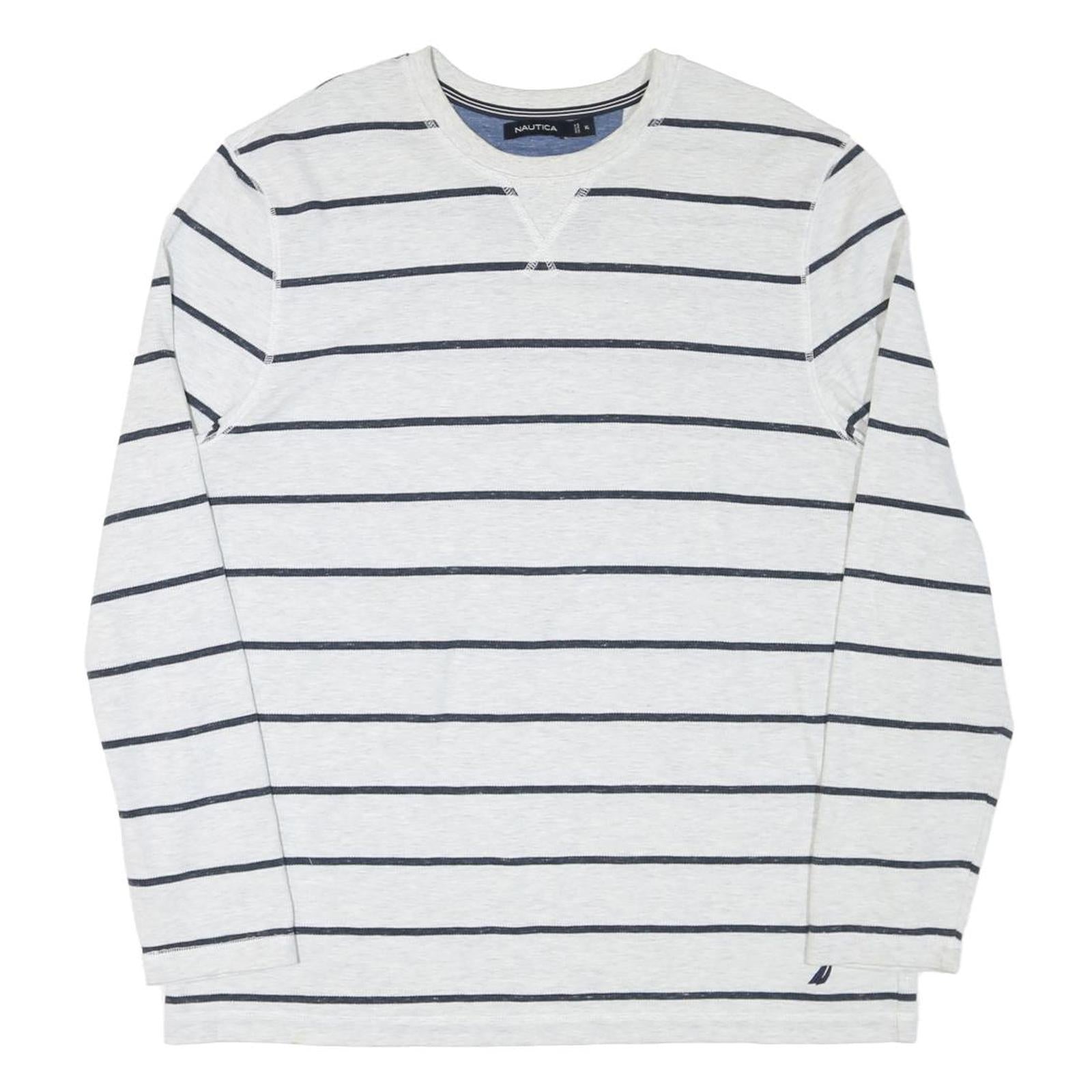 NAUTICA Mens White & Navy Striped Long Sleeve Crew Neck T-Shirt XL Casual Cotton