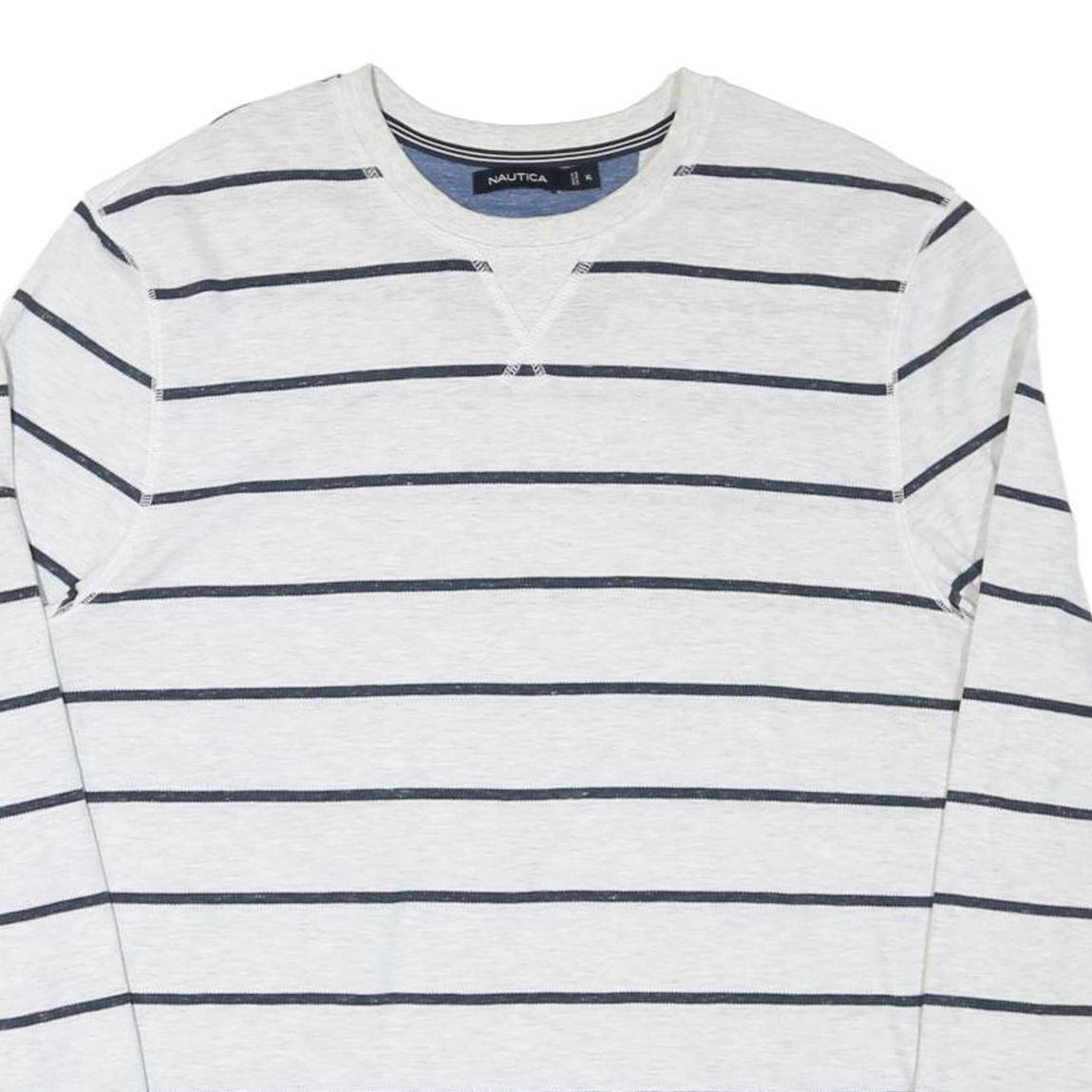 NAUTICA Mens White & Navy Striped Long Sleeve Crew Neck T-Shirt XL Casual Cotton
