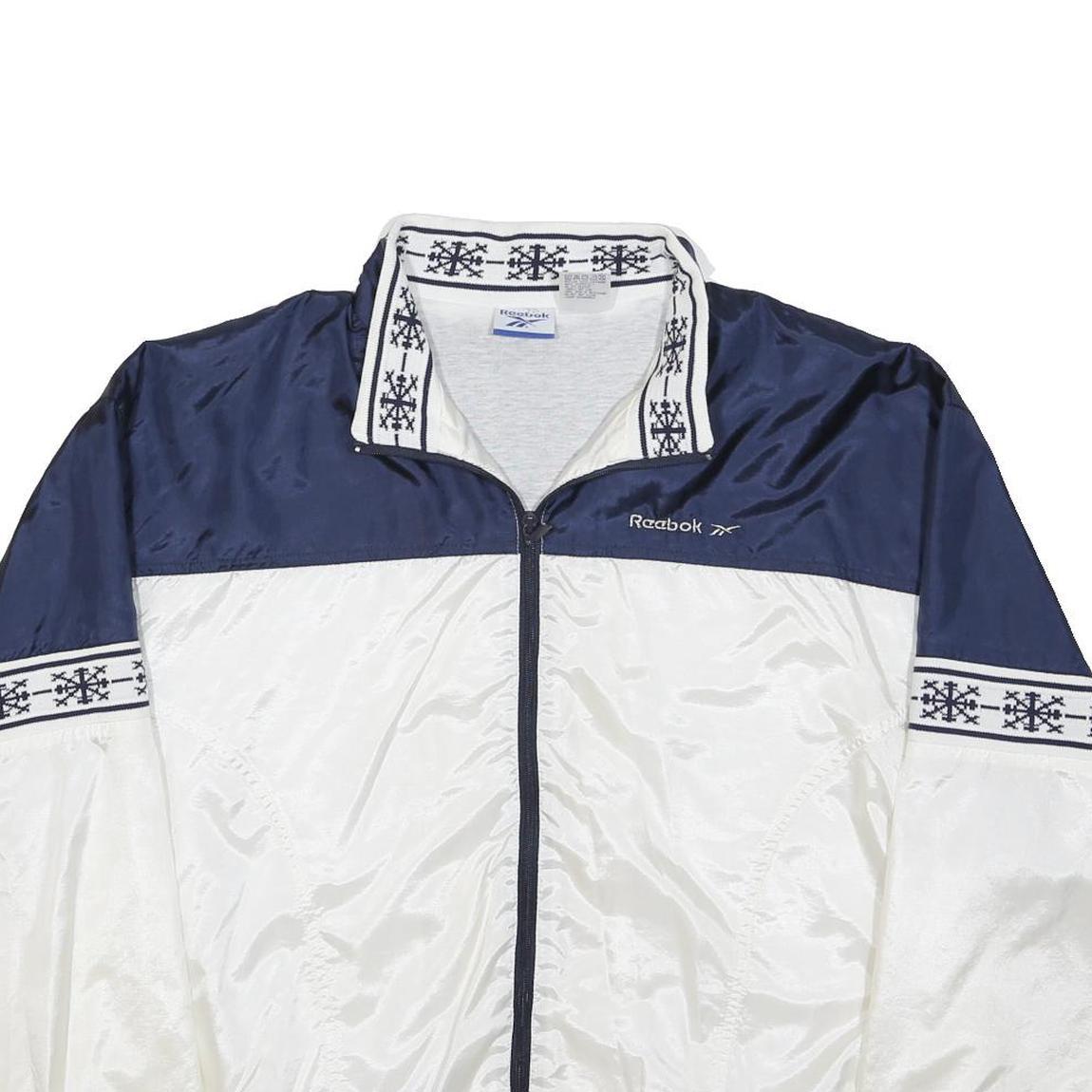 REEBOK Mens Navy & White Zip Jacket L Polyester Colourblock Sportswear Casual