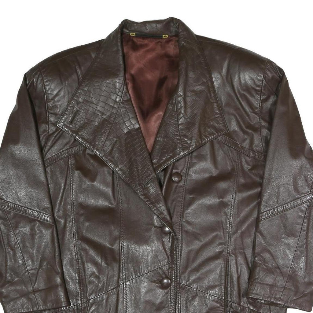 Womens Brown Faux Leather Button Jacket XL Woven Croc Texture Lapel