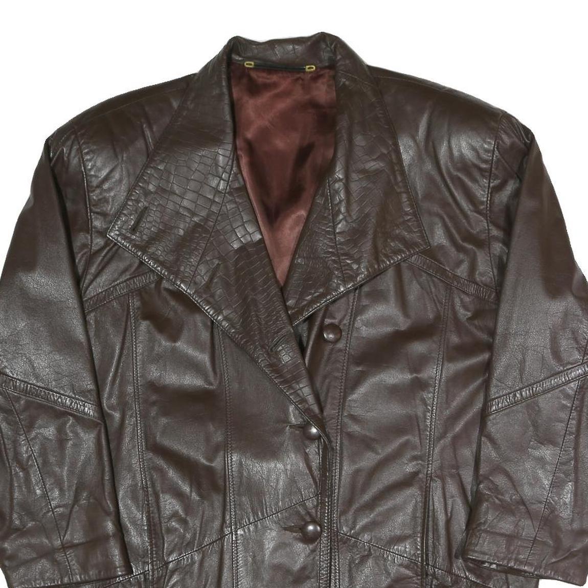 Womens Brown Faux Leather Button Jacket XL Woven Croc Texture Lapel