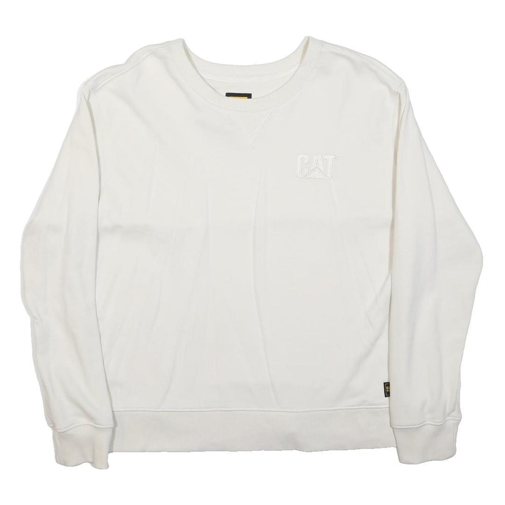 CAT Womens White Crew Neck L Cotton Blend Casual Sweatshirt Embroidered Logo