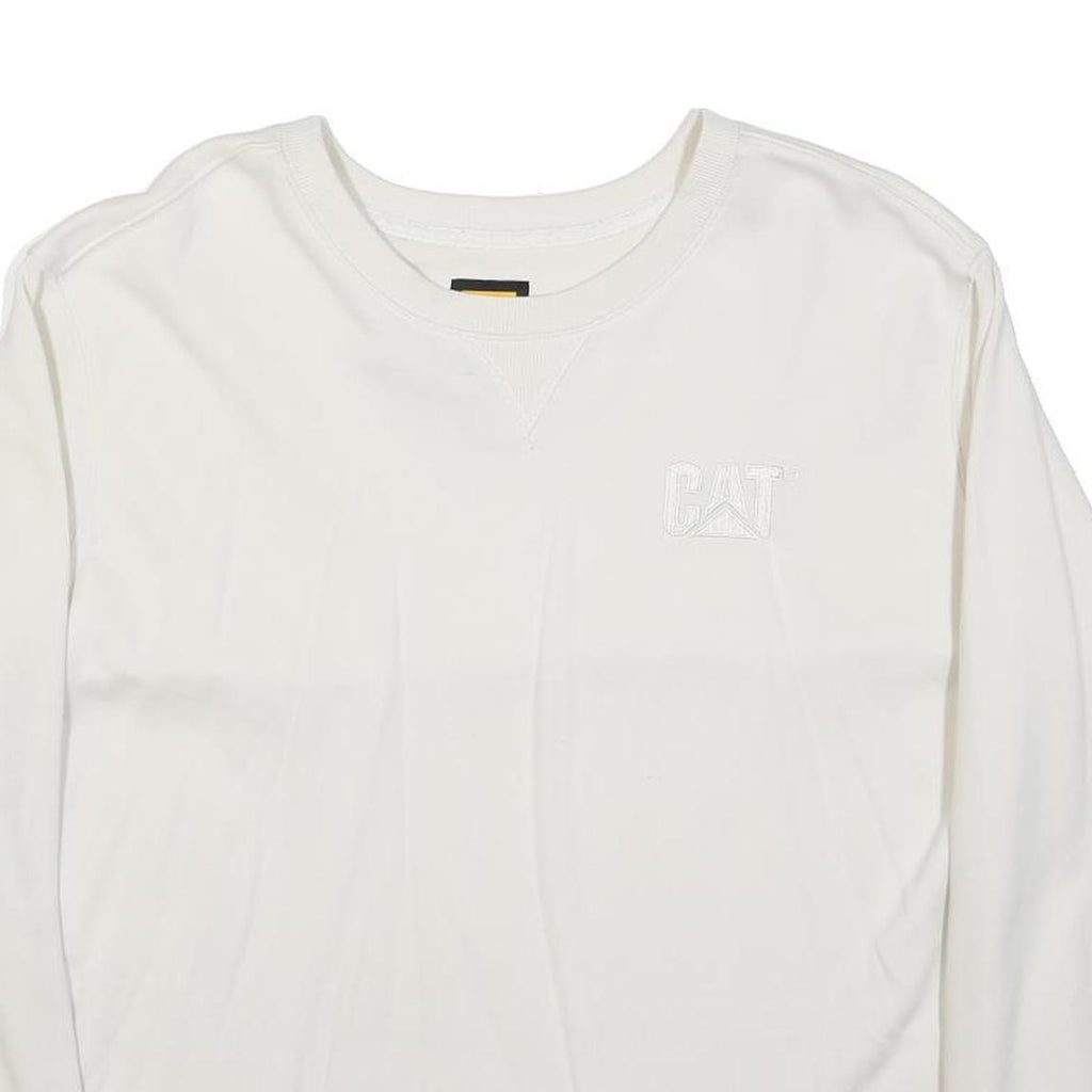 CAT Womens White Crew Neck L Cotton Blend Casual Sweatshirt Embroidered Logo