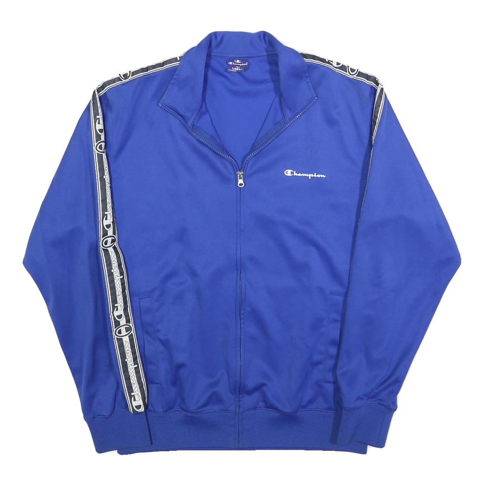 CHAMPION Mens Blue Zip Jacket L Polyester Logo Stripe Track Sportswear
