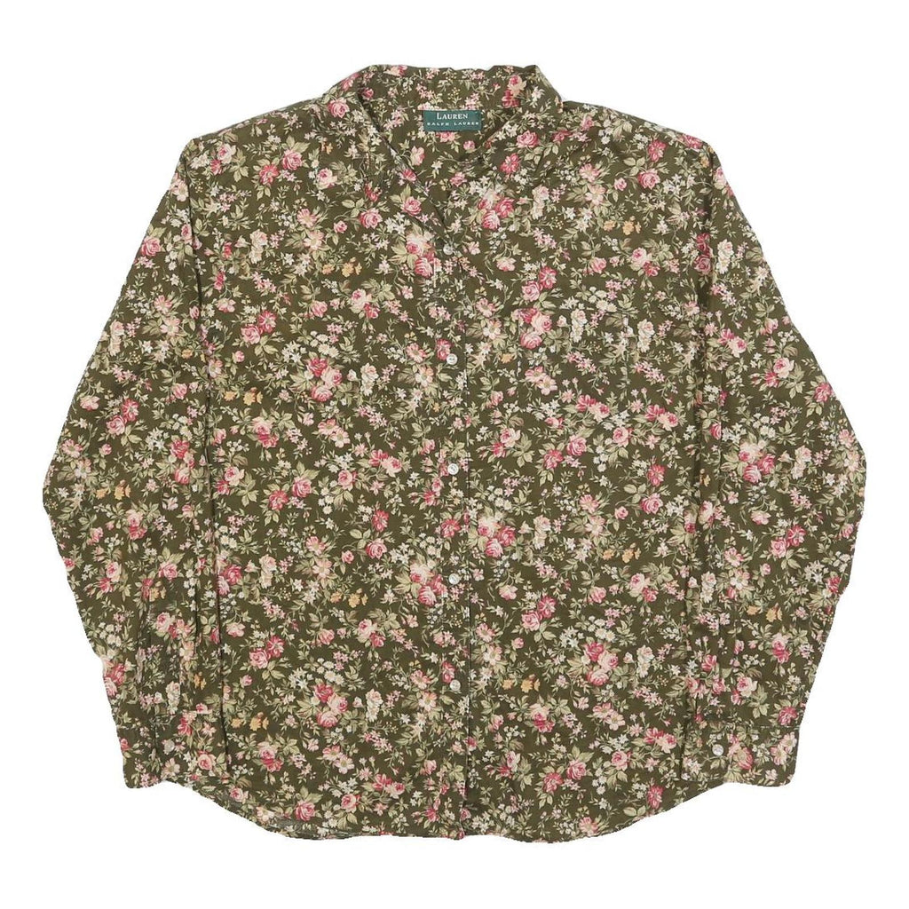 LAUREN RALPH LAUREN Womens Green Floral Shirt L Elegant Cotton Blend Button