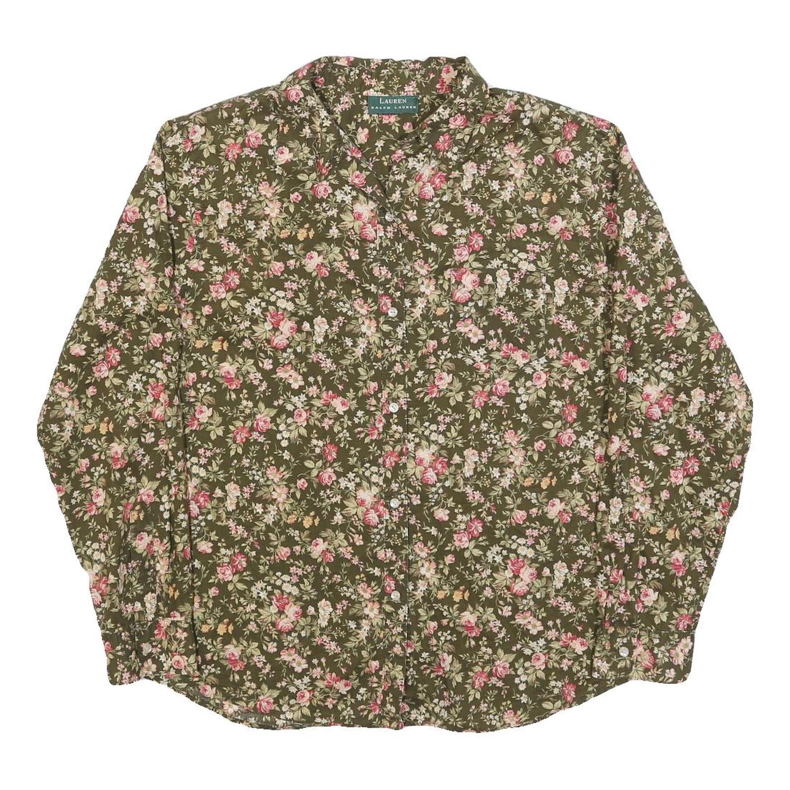 LAUREN RALPH LAUREN Womens Green Floral Shirt L Elegant Cotton Blend Button