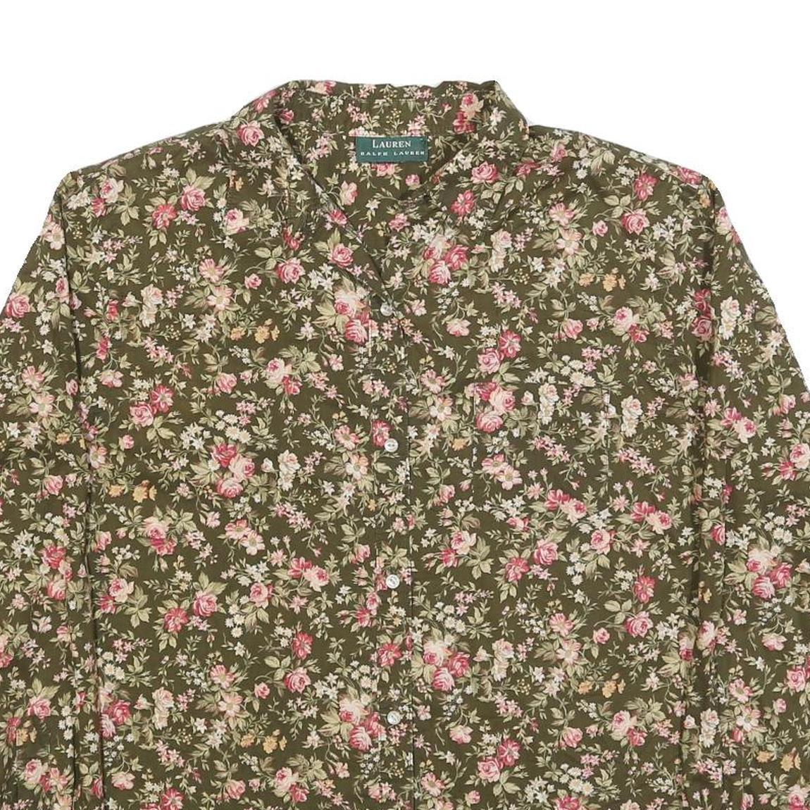 LAUREN RALPH LAUREN Womens Green Floral Shirt L Elegant Cotton Blend Button