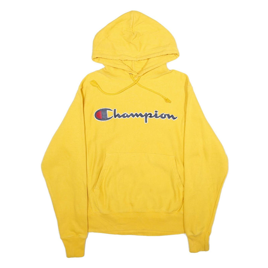CHAMPION REVERSE WEAVE Mens Yellow Pullover Hoodie S Embroidered Logo