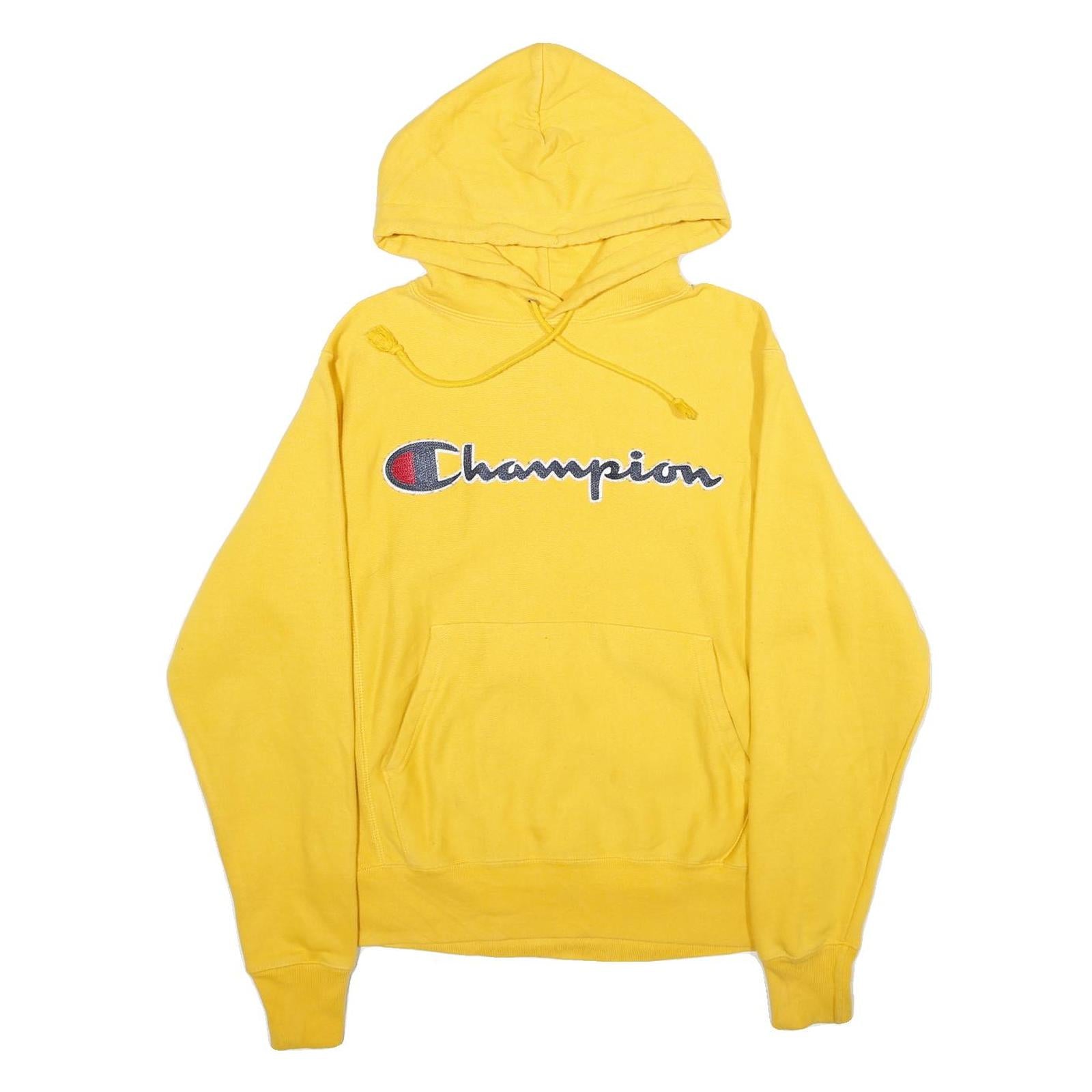 CHAMPION REVERSE WEAVE Mens Yellow Pullover Hoodie S Embroidered Logo