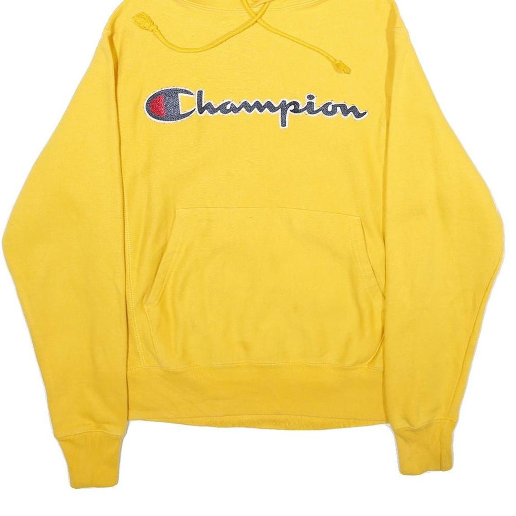 CHAMPION REVERSE WEAVE Mens Yellow Pullover Hoodie S Embroidered Logo