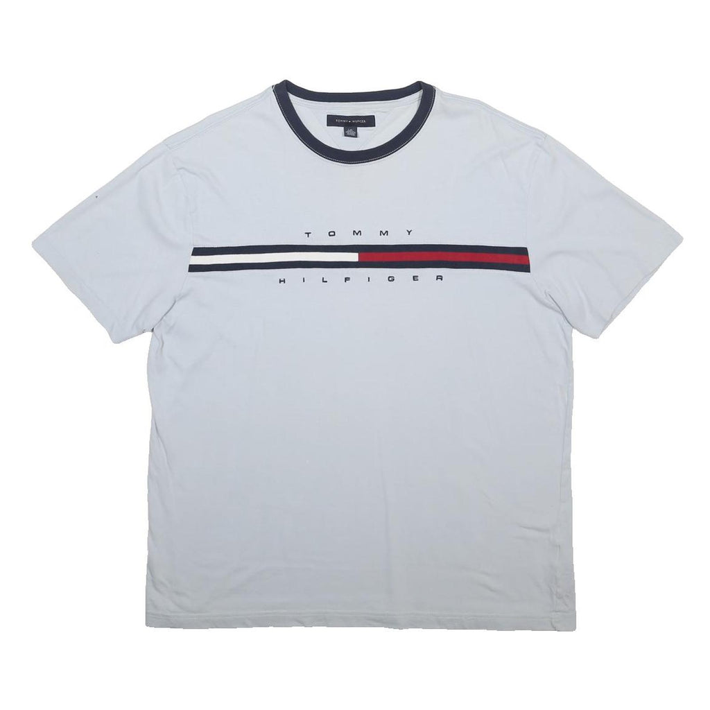 TOMMY HILFIGER Mens White & Navy Blue Graphic T-Shirt L Short Sleeve Crew Neck