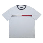 TOMMY HILFIGER Mens White & Navy Blue Graphic T-Shirt L Short Sleeve Crew Neck