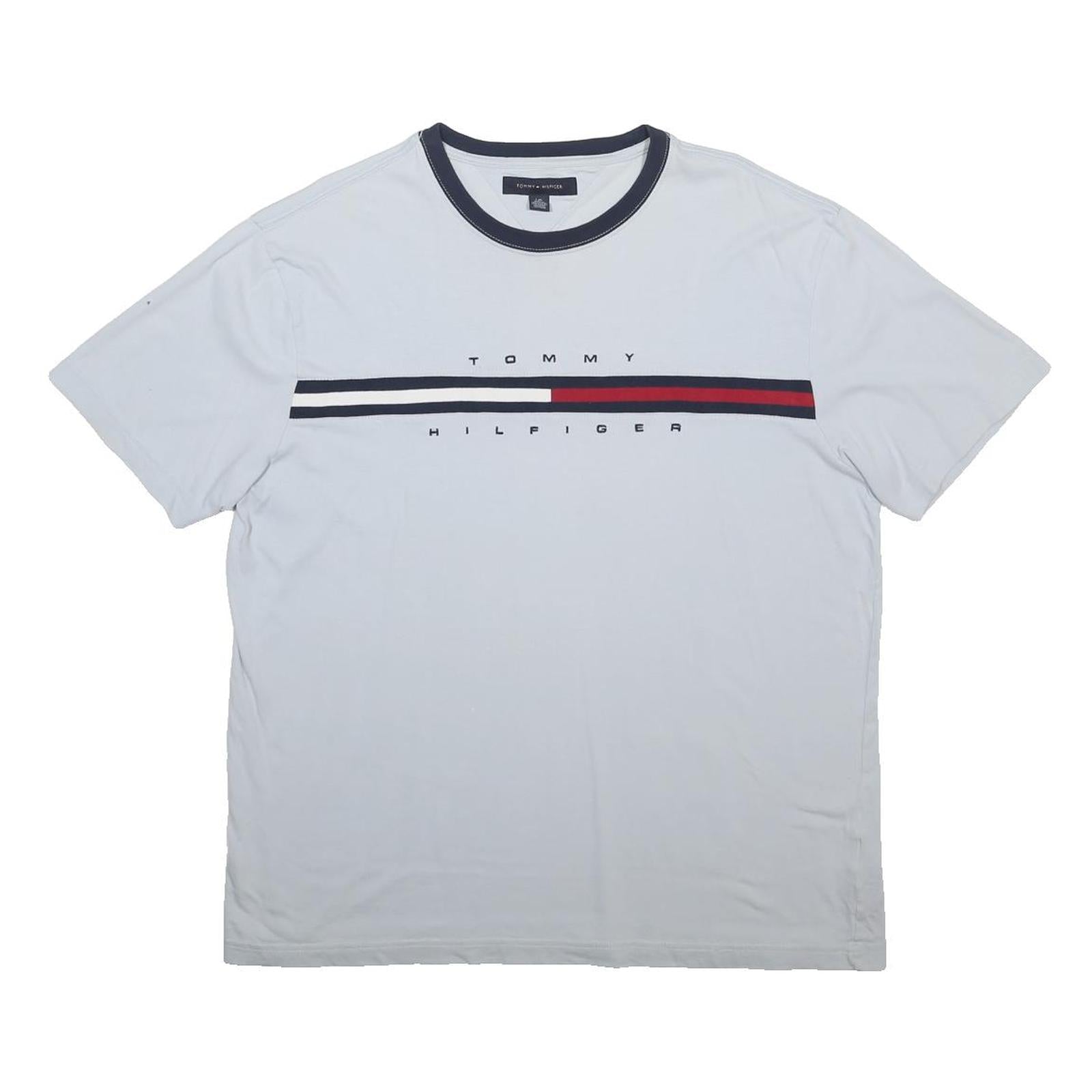 TOMMY HILFIGER Mens White & Navy Blue Graphic T-Shirt L Short Sleeve Crew Neck