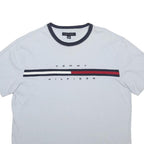 TOMMY HILFIGER Mens White & Navy Blue Graphic T-Shirt L Short Sleeve Crew Neck