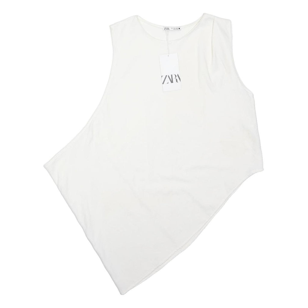 ZARA Womens White Basic Sleeveless Top Round Neck Plain S Polyester Blend Jersey