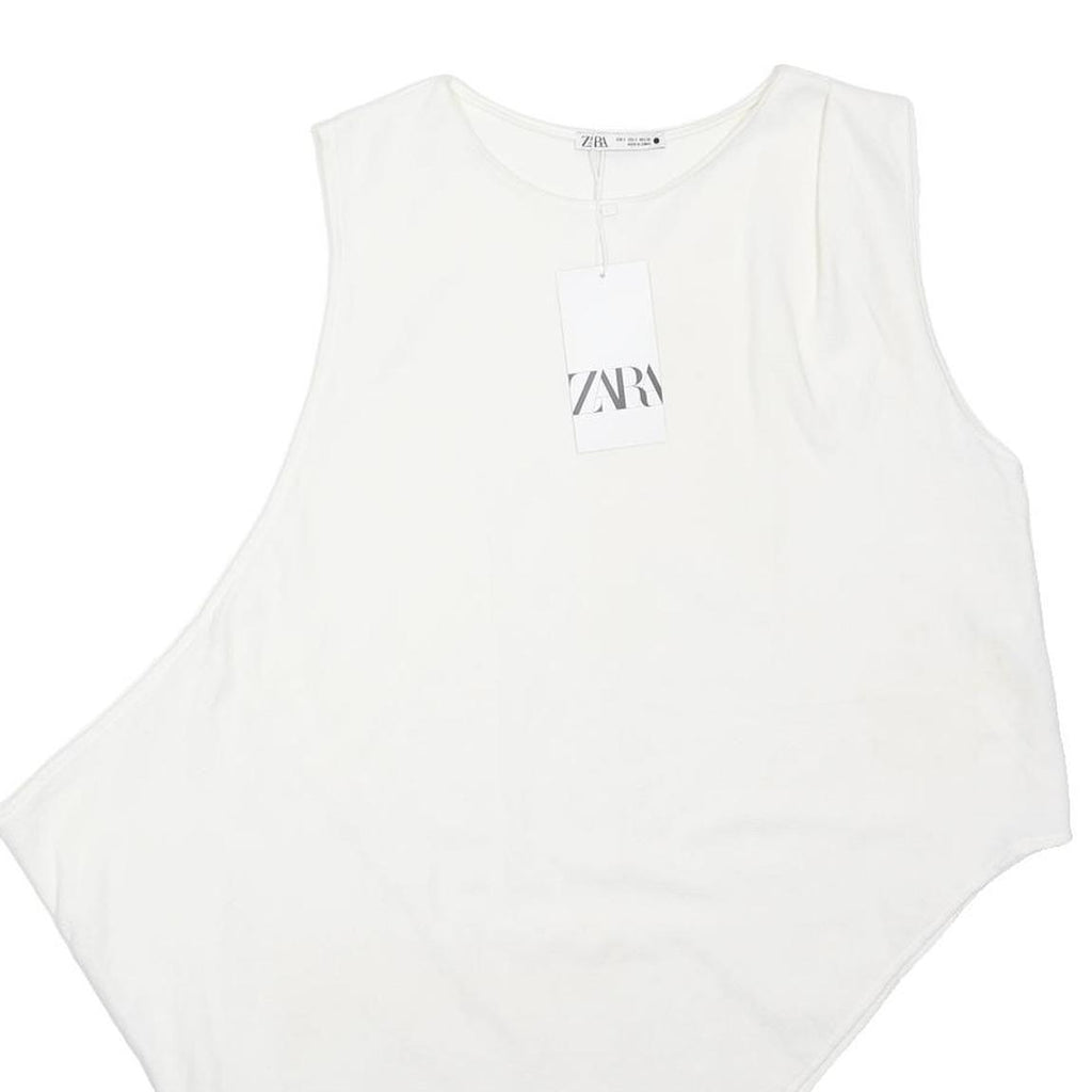 ZARA Womens White Basic Sleeveless Top Round Neck Plain S Polyester Blend Jersey