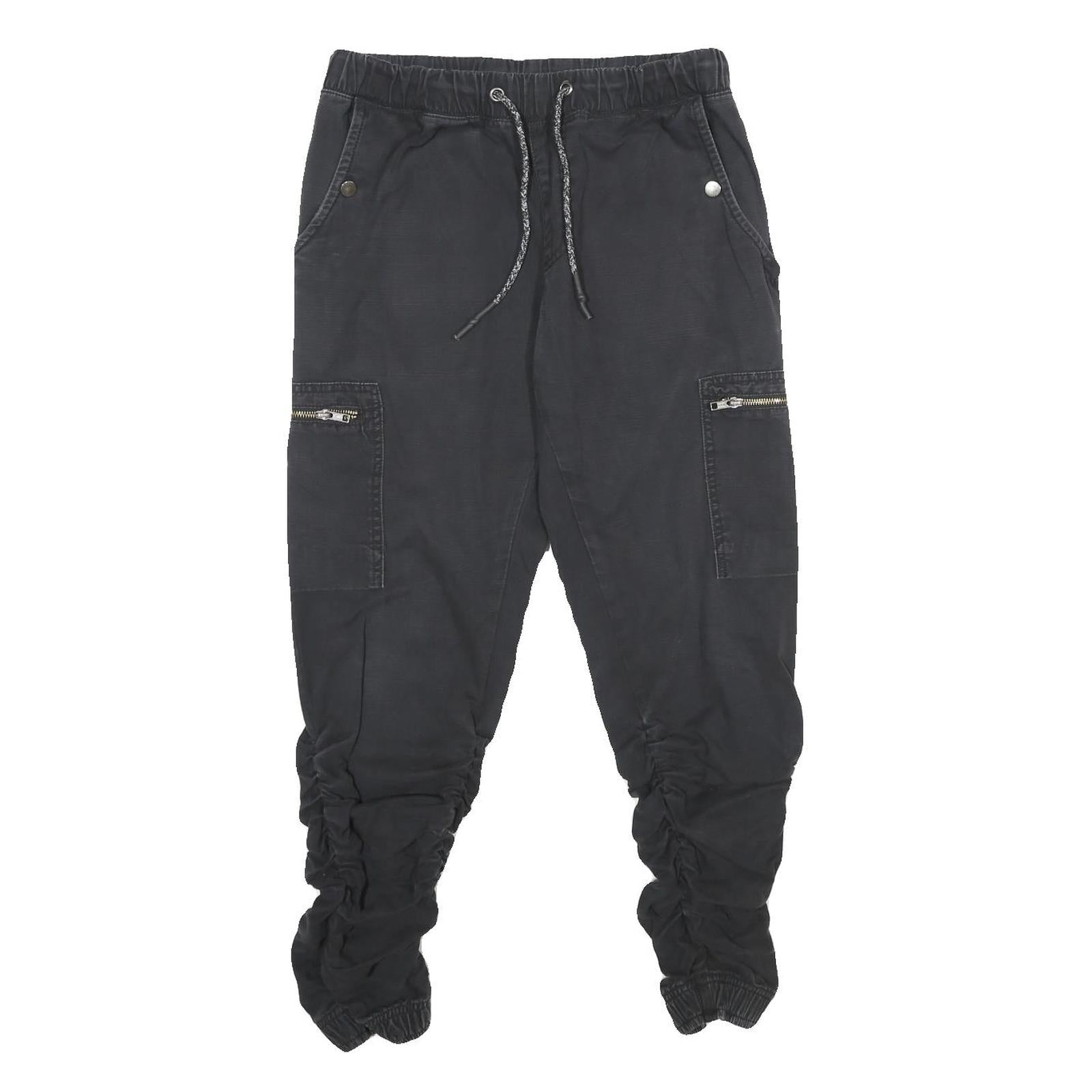 REDEFINED REBEL Mens Regular Black Cargo Drawstring Trousers W28 L28 Ruched Leg