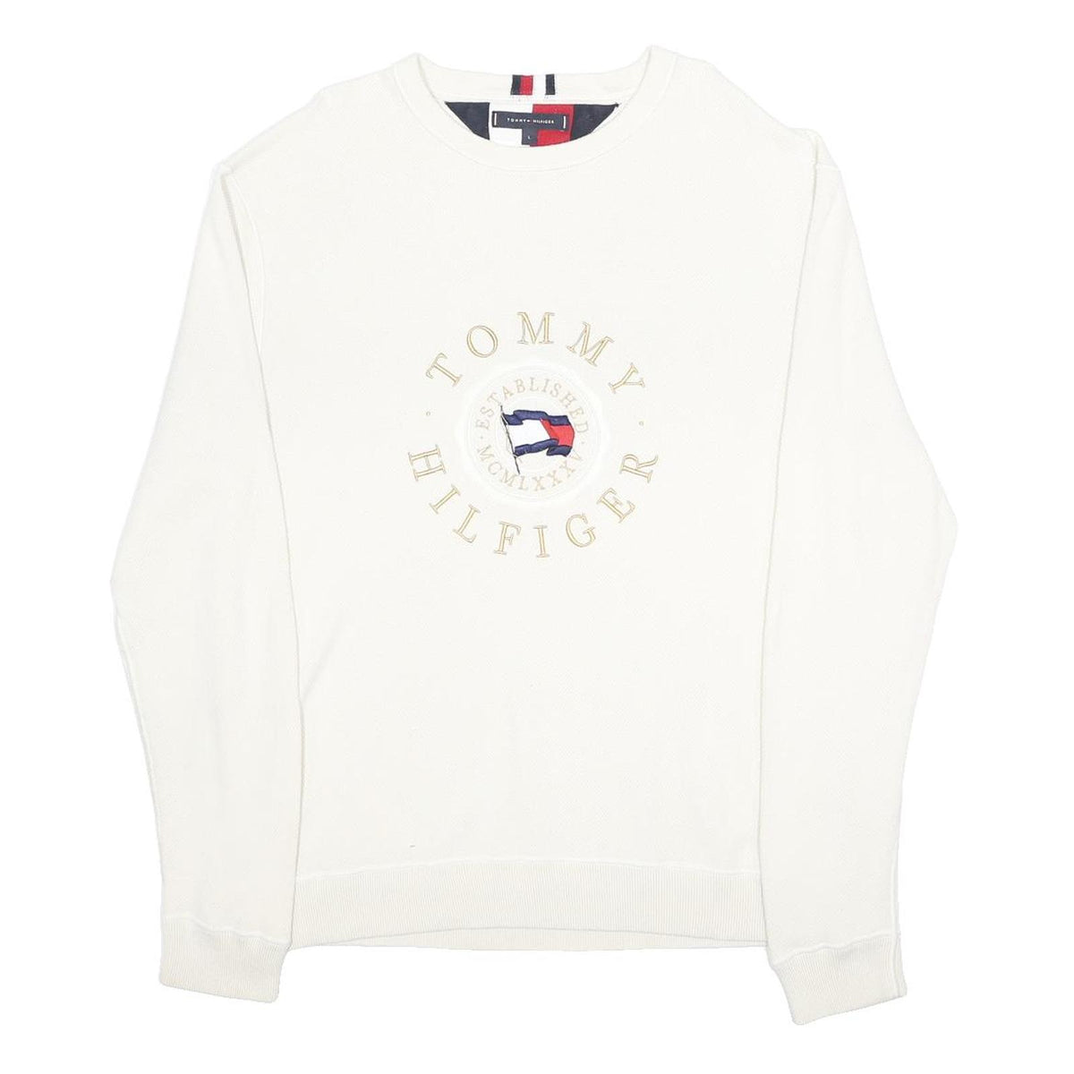 TOMMY HILFIGER Mens White Cotton Patterned Crew Neck Basic Knit Jumper L Logo