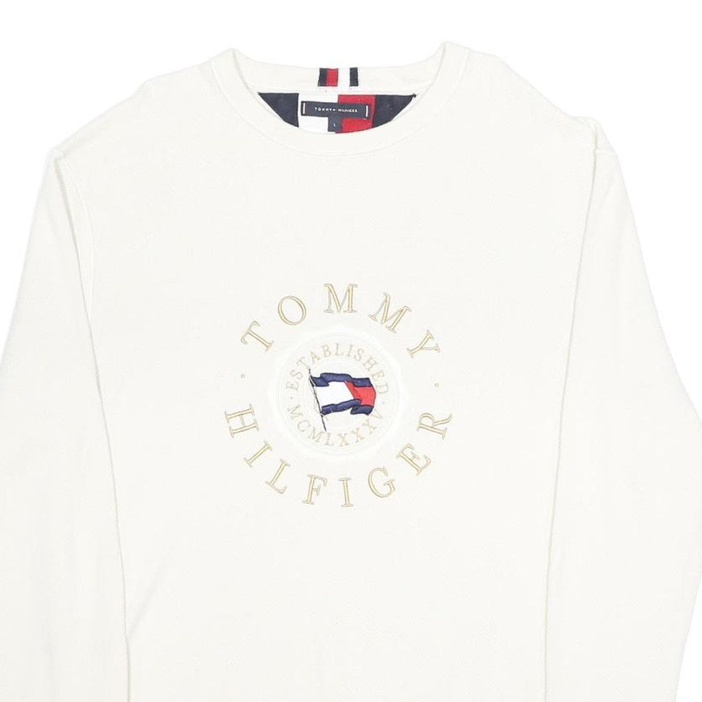 TOMMY HILFIGER Mens White Cotton Patterned Crew Neck Basic Knit Jumper L Logo