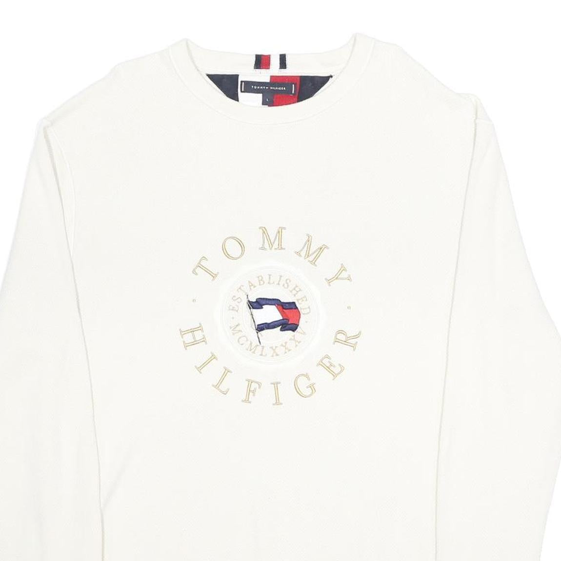 TOMMY HILFIGER Mens White Cotton Patterned Crew Neck Basic Knit Jumper L Logo
